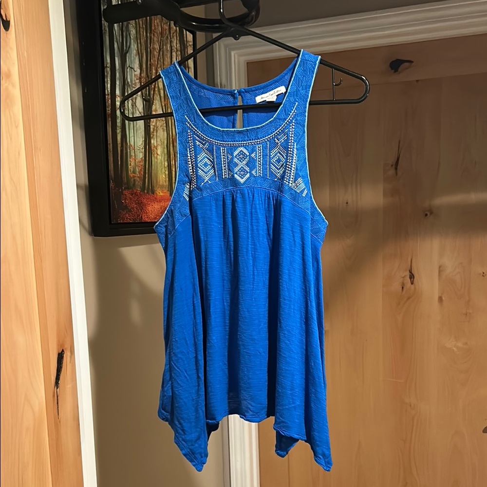American Eagle Outfitters Blue Asymmetrical Embellished Tank Top